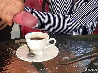 Stunning Girl does Blowjob, Cum in Coffee, Pee Play